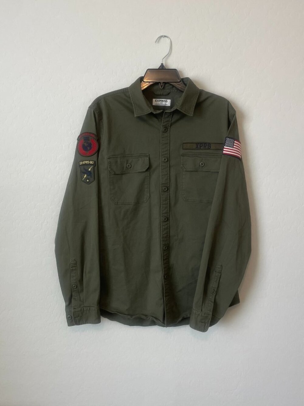 Express Olive Green Military Patch Utility Button Up Shirt - Size M